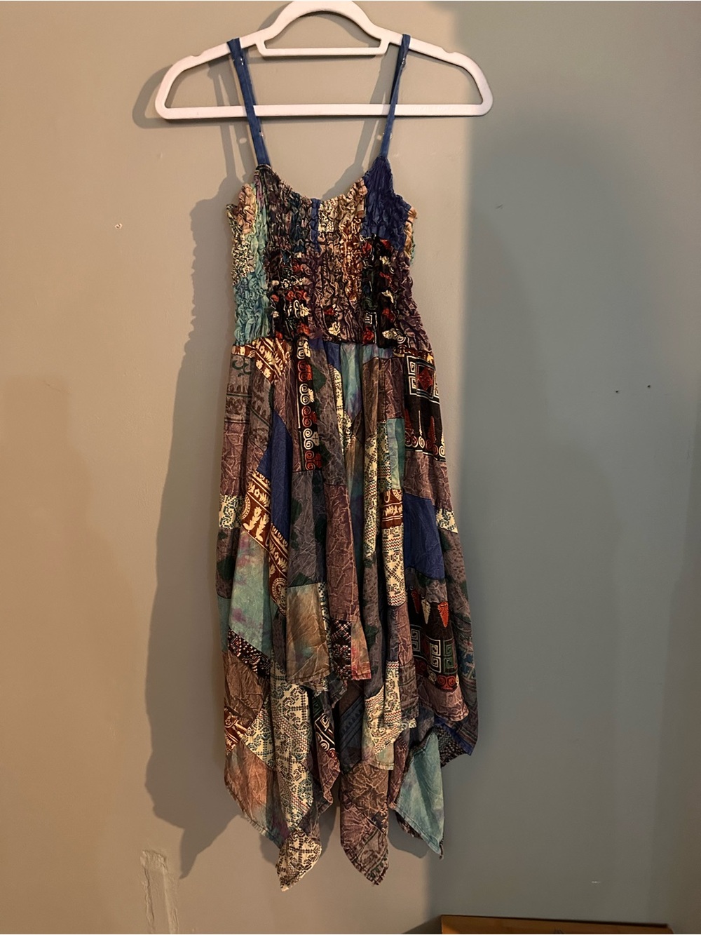 NWOT! Bohemian Patchwork Handkerchief High Low Hem Festival Dress. One size.